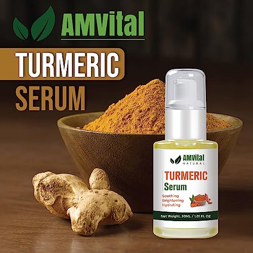 Close-up of AMVital Turmeric Serum dropper releasing formula for even tone