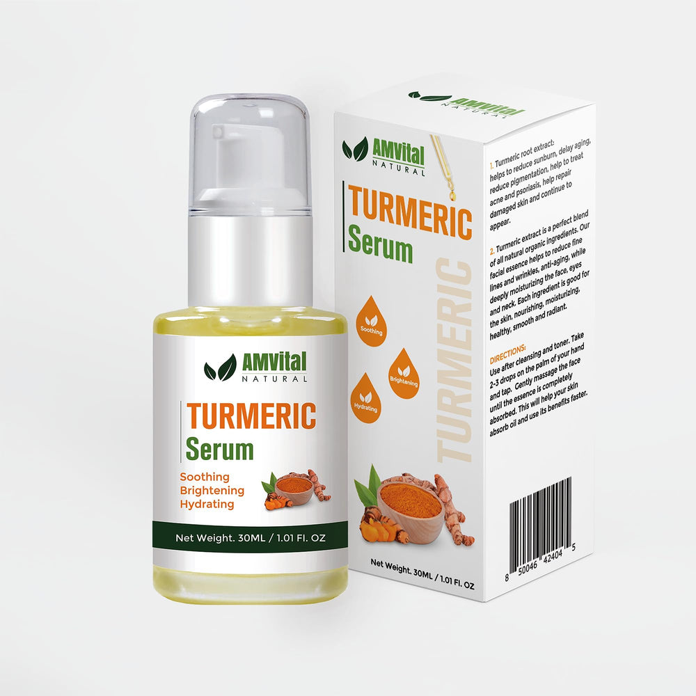 AMVital Turmeric Serum packaging display emphasizing premium skincare routine