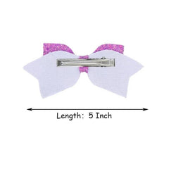 Amybasic 5-inch glitter bows worn in hair showcase versatile, playful style.