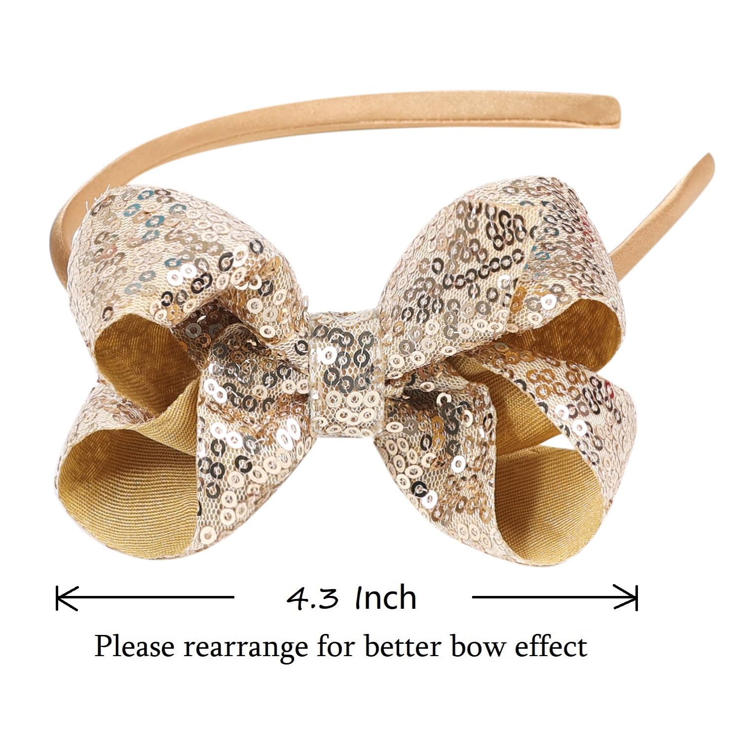 Amybasic Sparkly Sequin Bow Headband gold worn by child demonstrates versatile accessory for events.