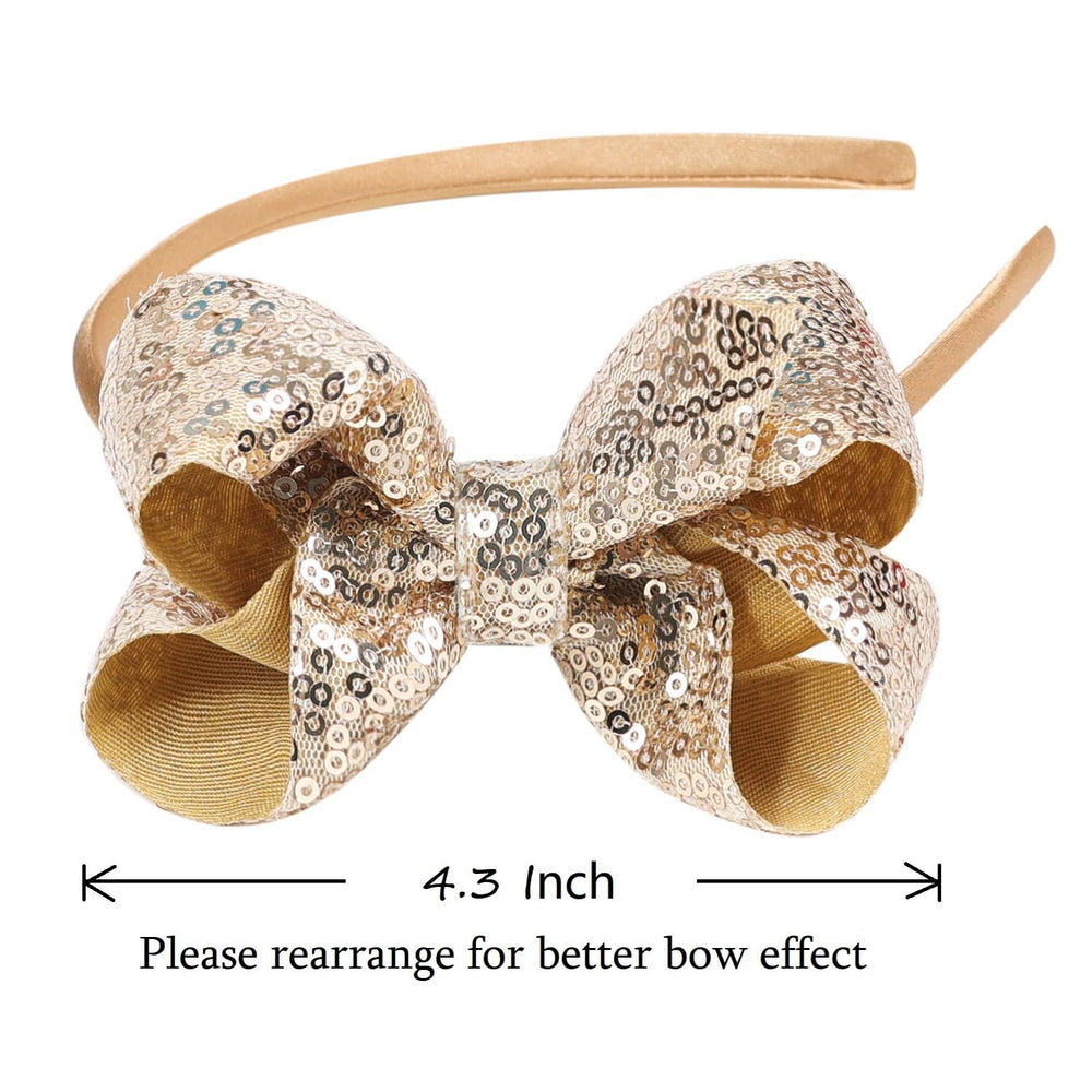 Amybasic Sparkly Sequin Bow Headband gold worn by child demonstrates versatile accessory for events.