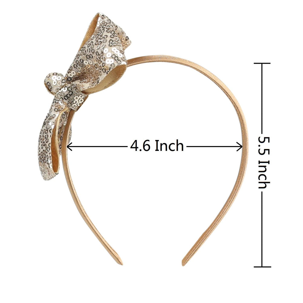 AmyDecor gold sequin bow headband on child portrait shows comfortable fit