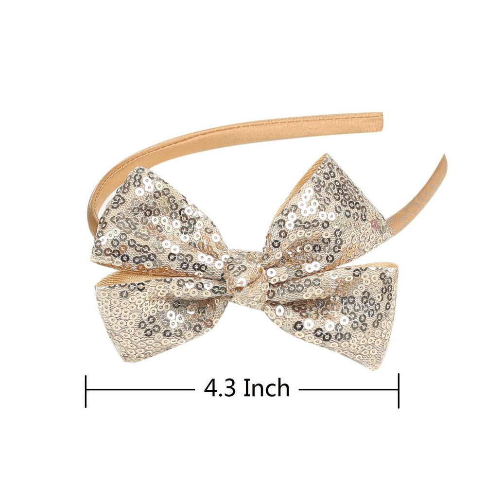 AmyDecor gold sequin bow headband worn by girl for party-ready look