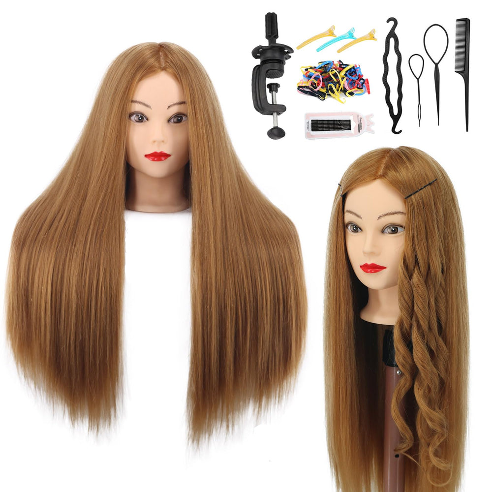 Amyqueen mannequin head 80% real hair showcases natural texture for realistic styling practice.