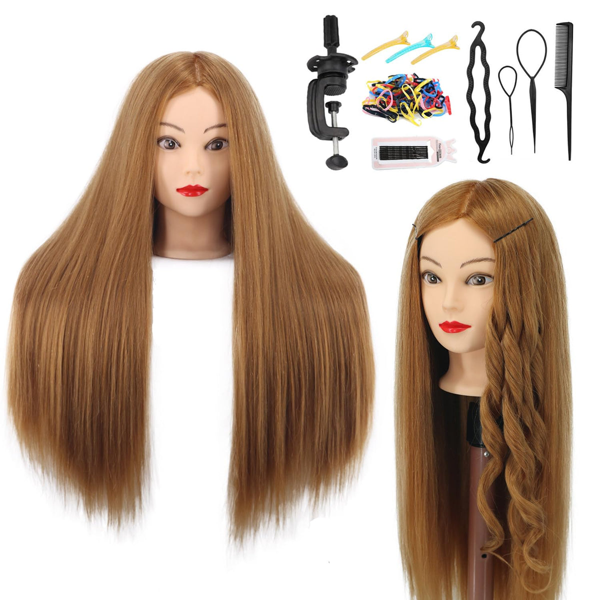 Amyqueen mannequin head 80% real hair showcases natural texture for realistic styling practice.