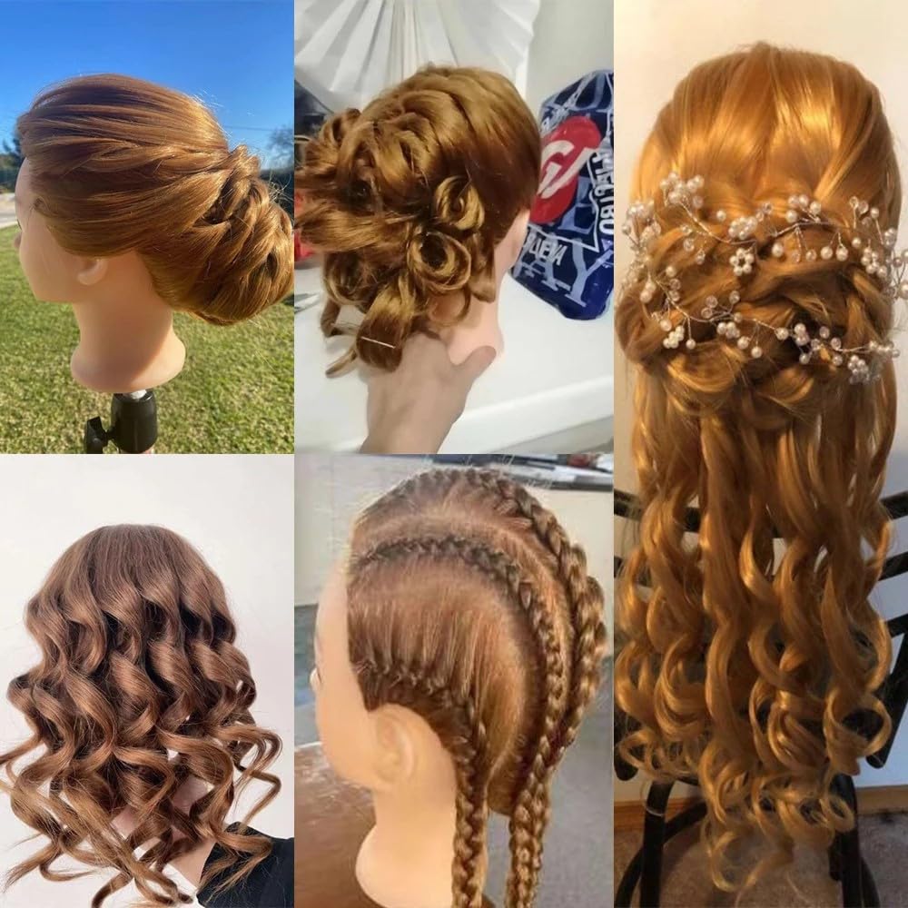 Amyqueen mannequin head for curl, braid, and straightening practice in cosmetology classes.