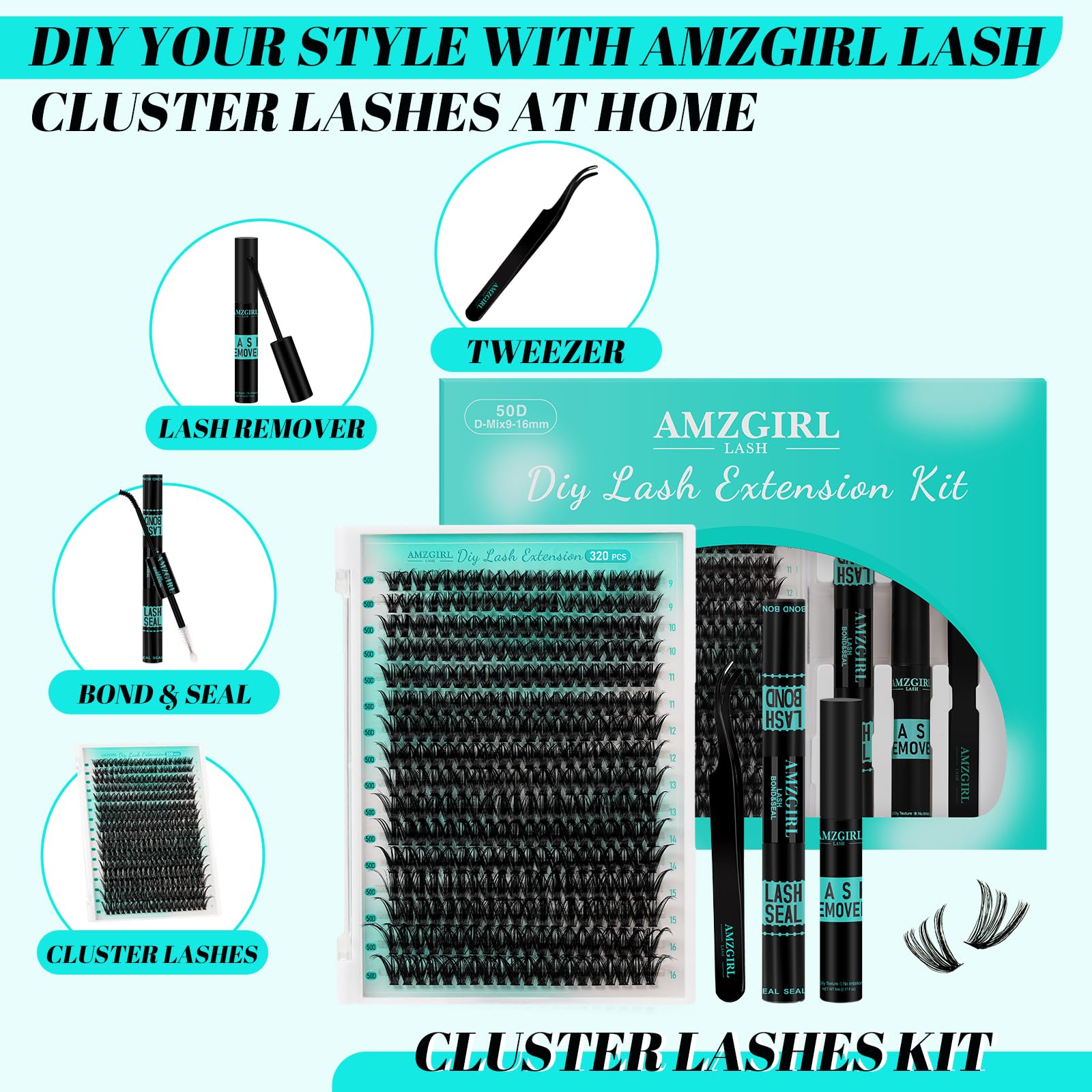 AMZGIRL LASH bond and seal bottle shown for long-lasting lash clusters.