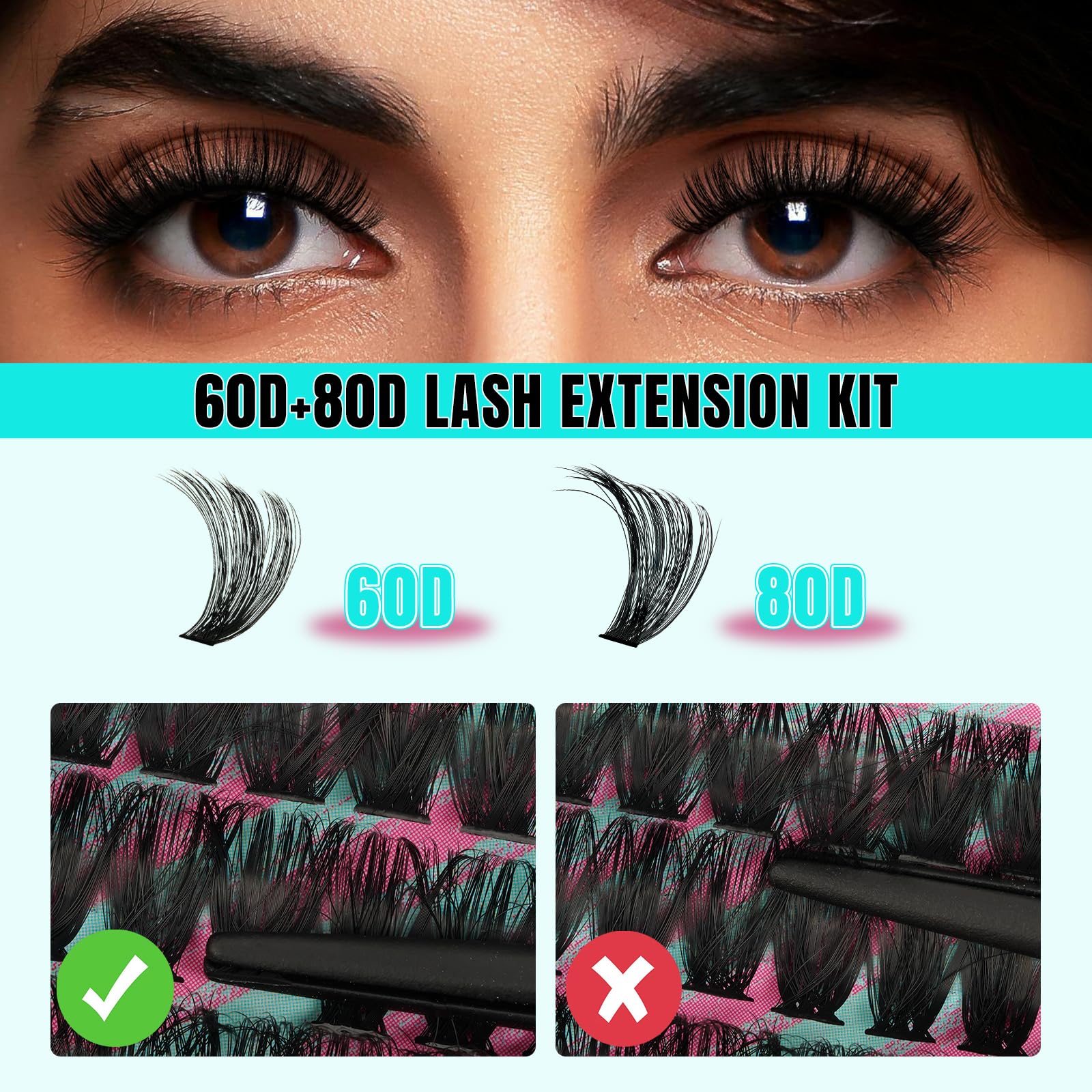 AMZGIRL LASH clusters 60D 80D shot highlights varied curl and lightweight feel.