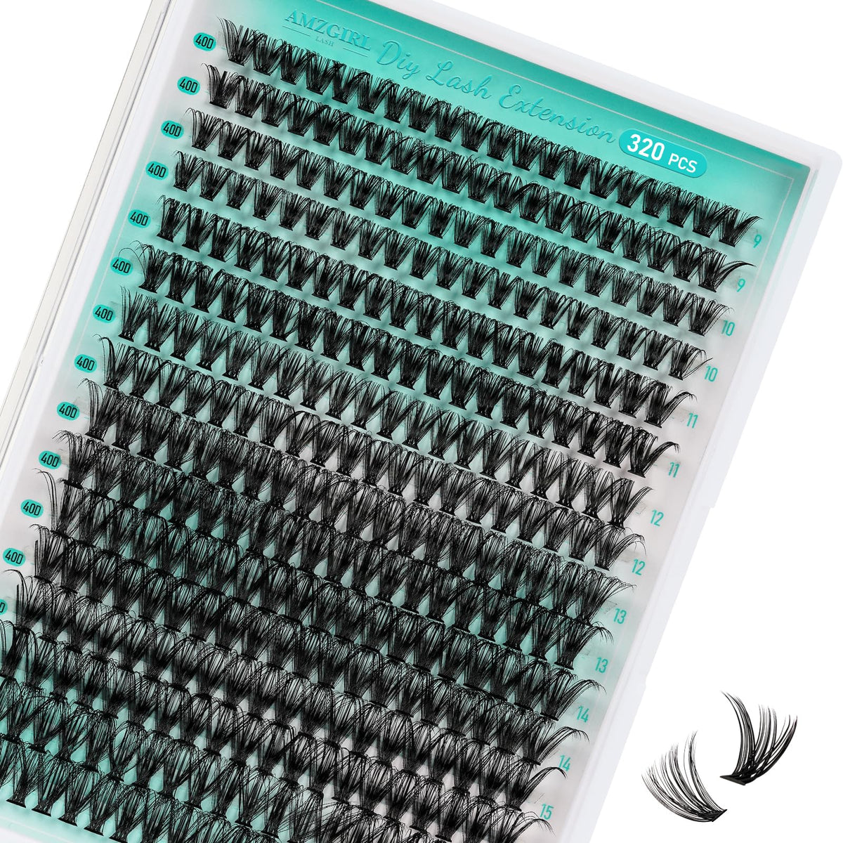 AMZGIRL LASH wispy clusters tray close-up for natural, feather-light appearance.