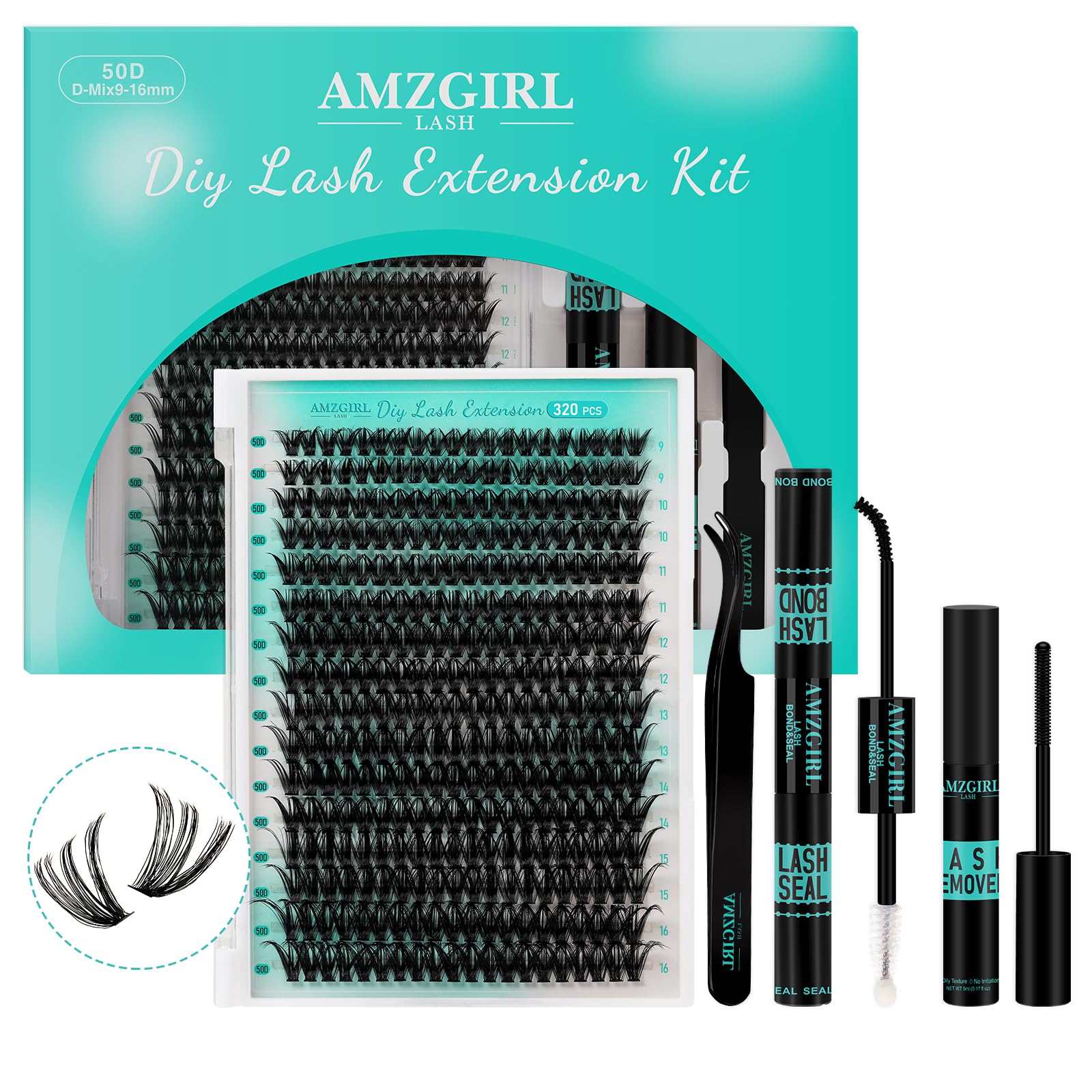AMZGIRL LASH extension kit 320pcs laid out for easy DIY lash styling.