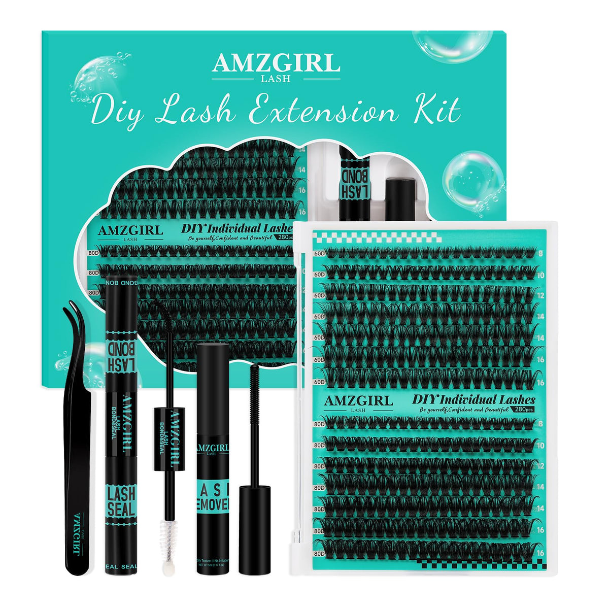AMZGIRL LASH lash-extension-kit box view showing complete at-home kit for DIY lashes