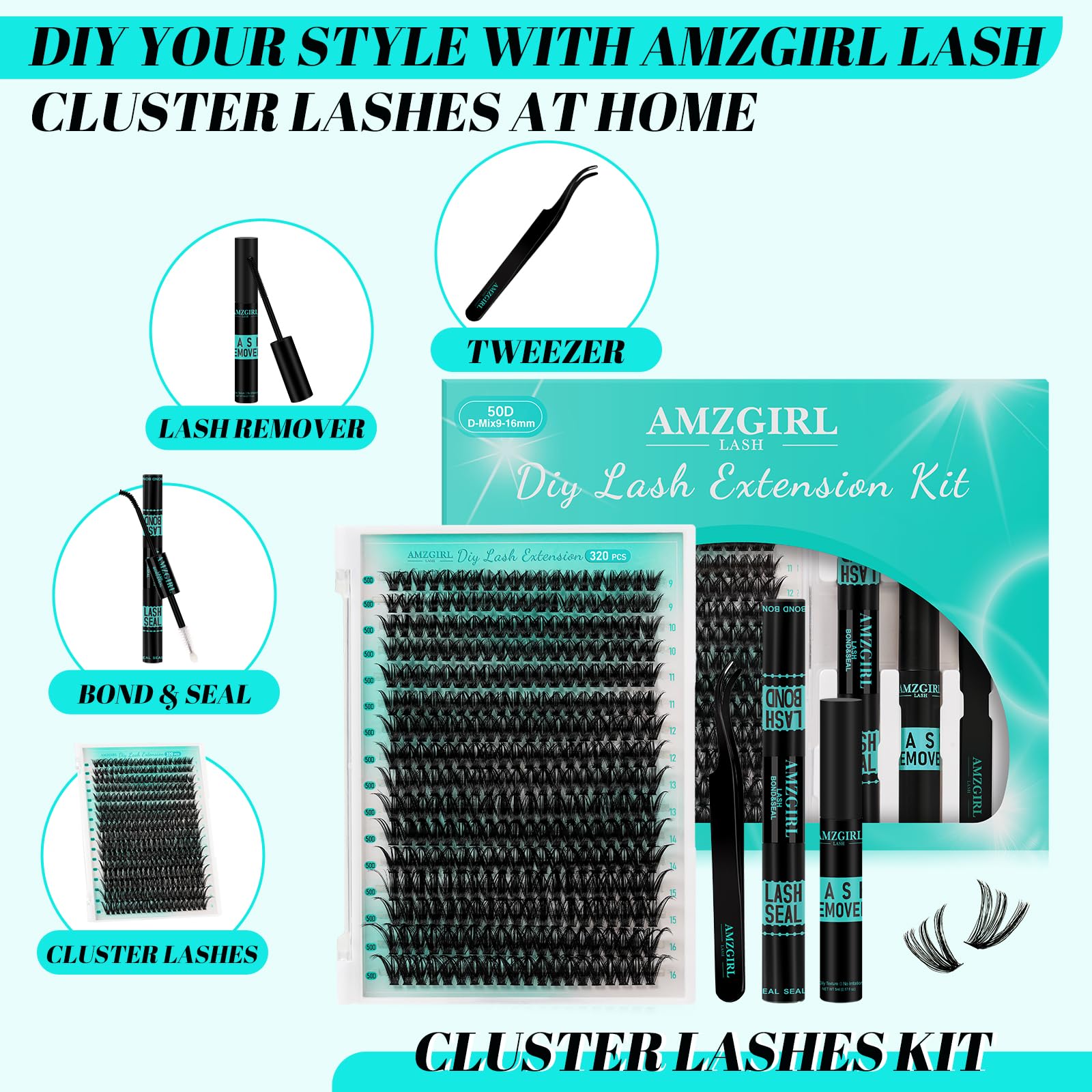 AMZGIRL LASH 50D cluster lashes 9-16mm lengths for customizable looks.