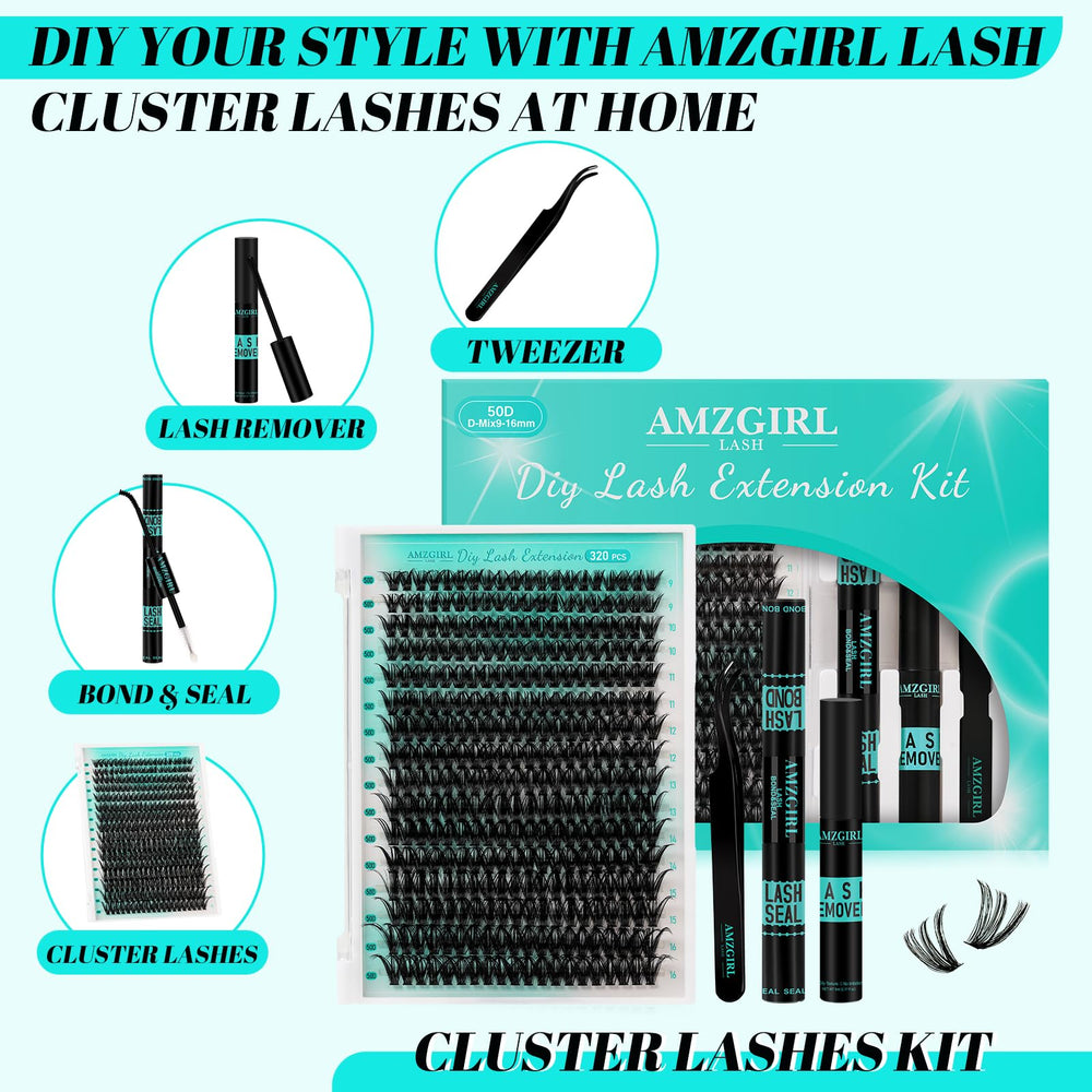 AMZGIRL LASH 50D cluster lashes 9-16mm lengths for customizable looks.