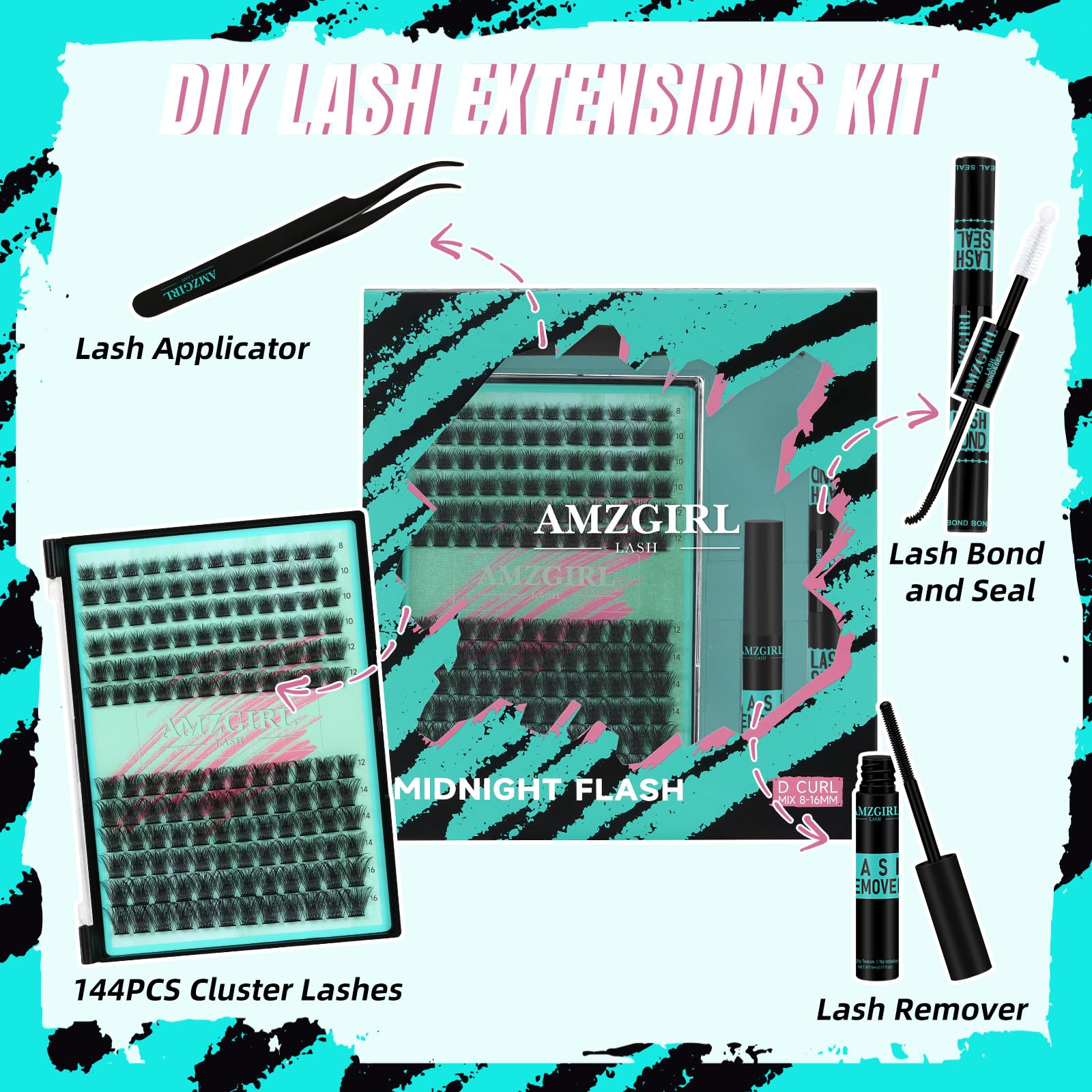 AMZGIRL LASH Midnight cluster collection closeup highlights wispy, lightweight extensions