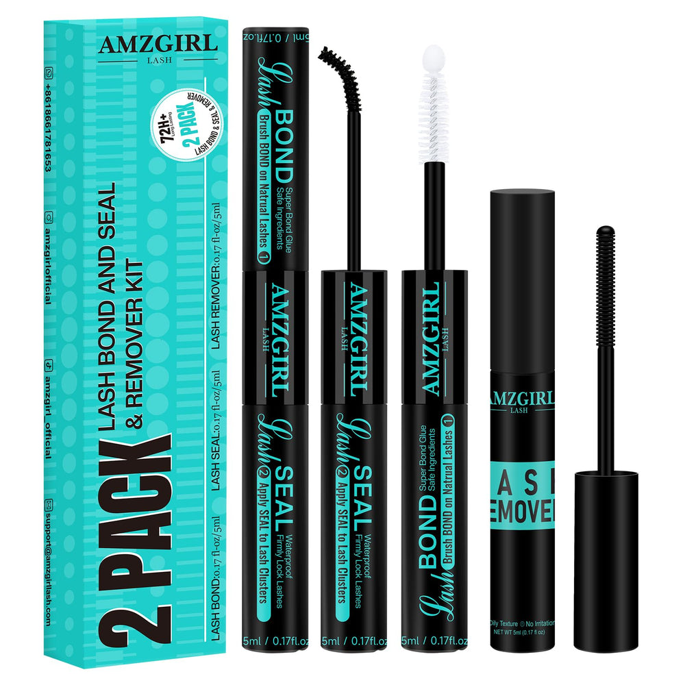 AMZGIRL LASH Bond & Seal packaging shows a 2-in-1 kit for durable hold.