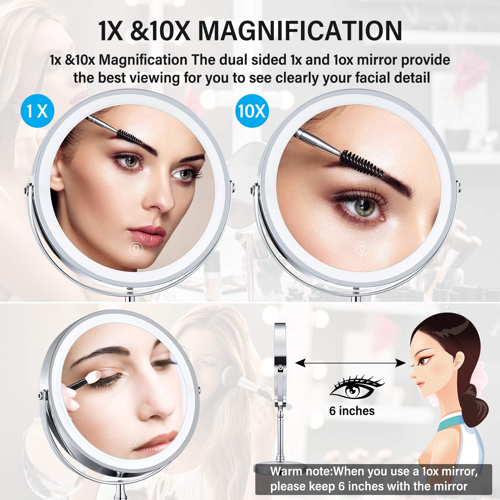 AMZTOLIFE dual-sided mirror shows 1X and 10X for overall and close-up checks.