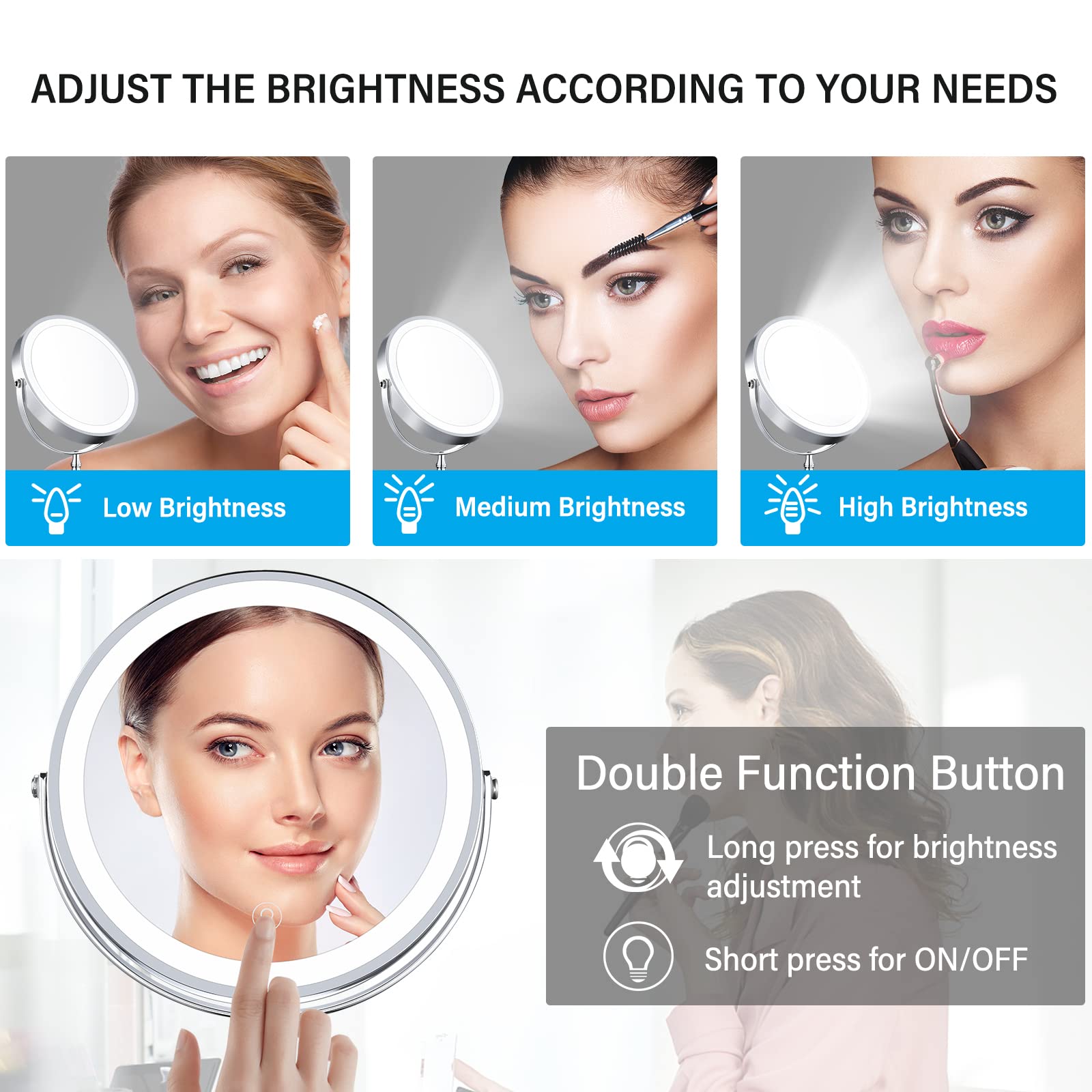 AMZTOLIFE USB recharge keeps this cordless mirror ready for travel.