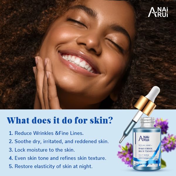 ANAI RUI Bakuchiol Blue Tansy Night-Repair Oil application on skin shows fast-absorb hydration.