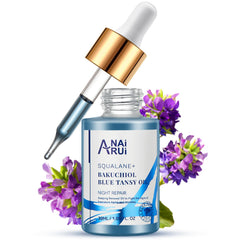 ANAI RUI Bakuchiol Blue Tansy Night-Repair Oil bottle demonstrates lightweight hydration for calmer skin.