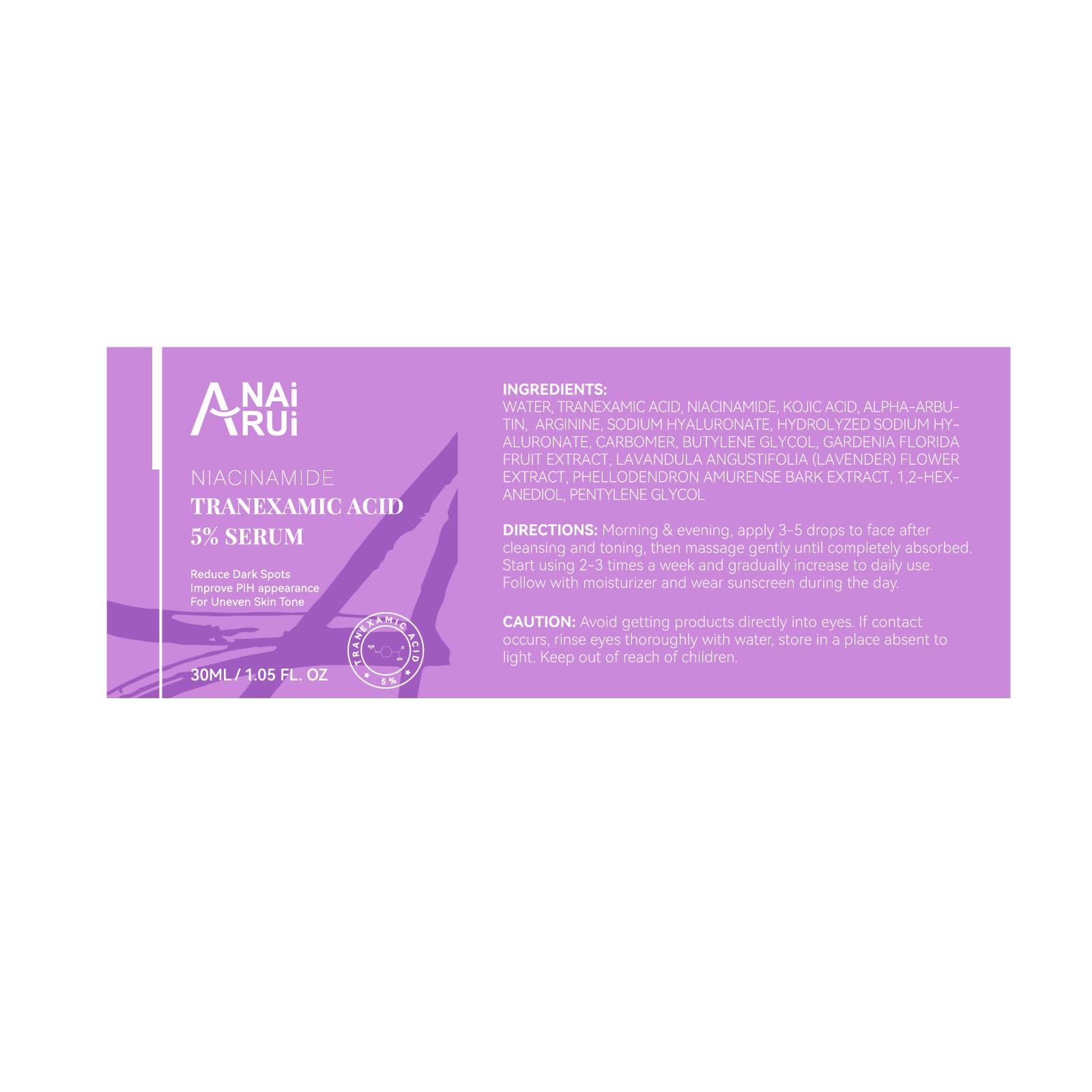 ANAI RUI serum label-front view highlights active ingredients and usage directions.