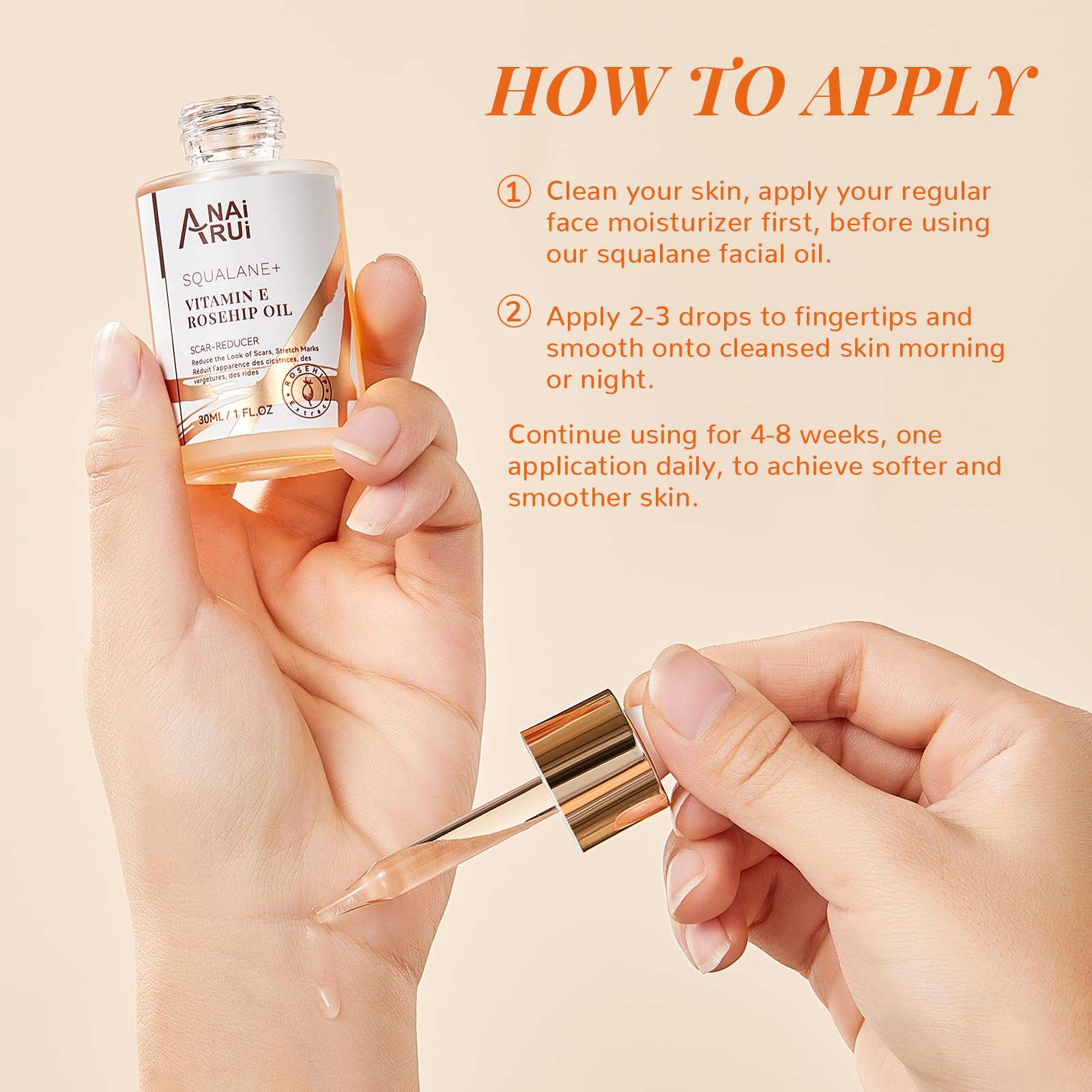 ANAI RUI Squalane Rosehip Oil massaged into skin for nourishment.