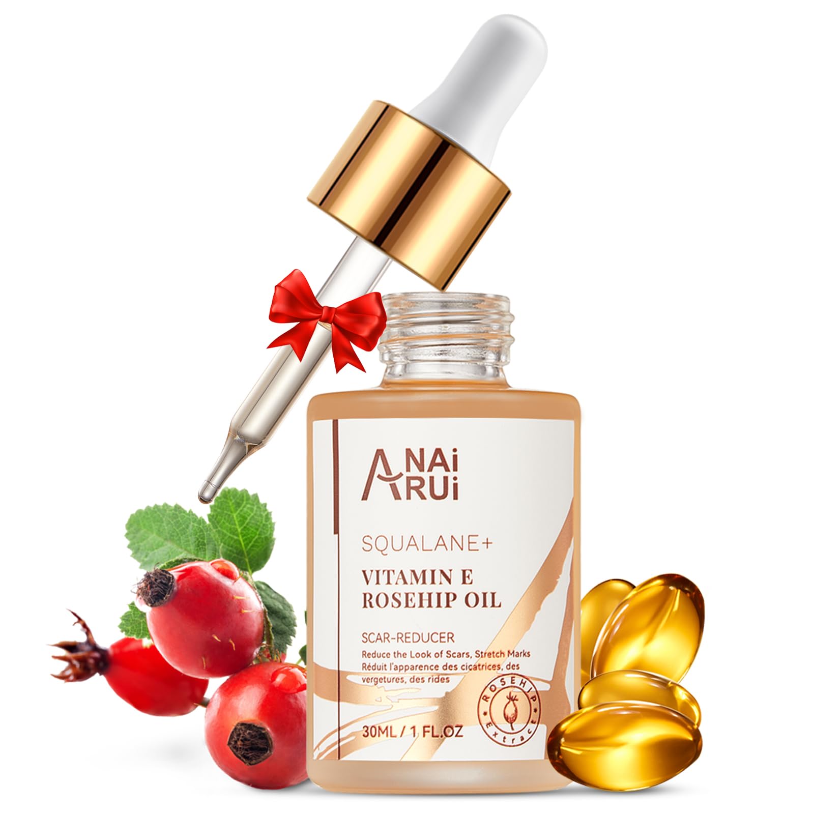 ANAI RUI Squalane Vitamin E Rosehip Oil bottle shows lightweight facial hydration.