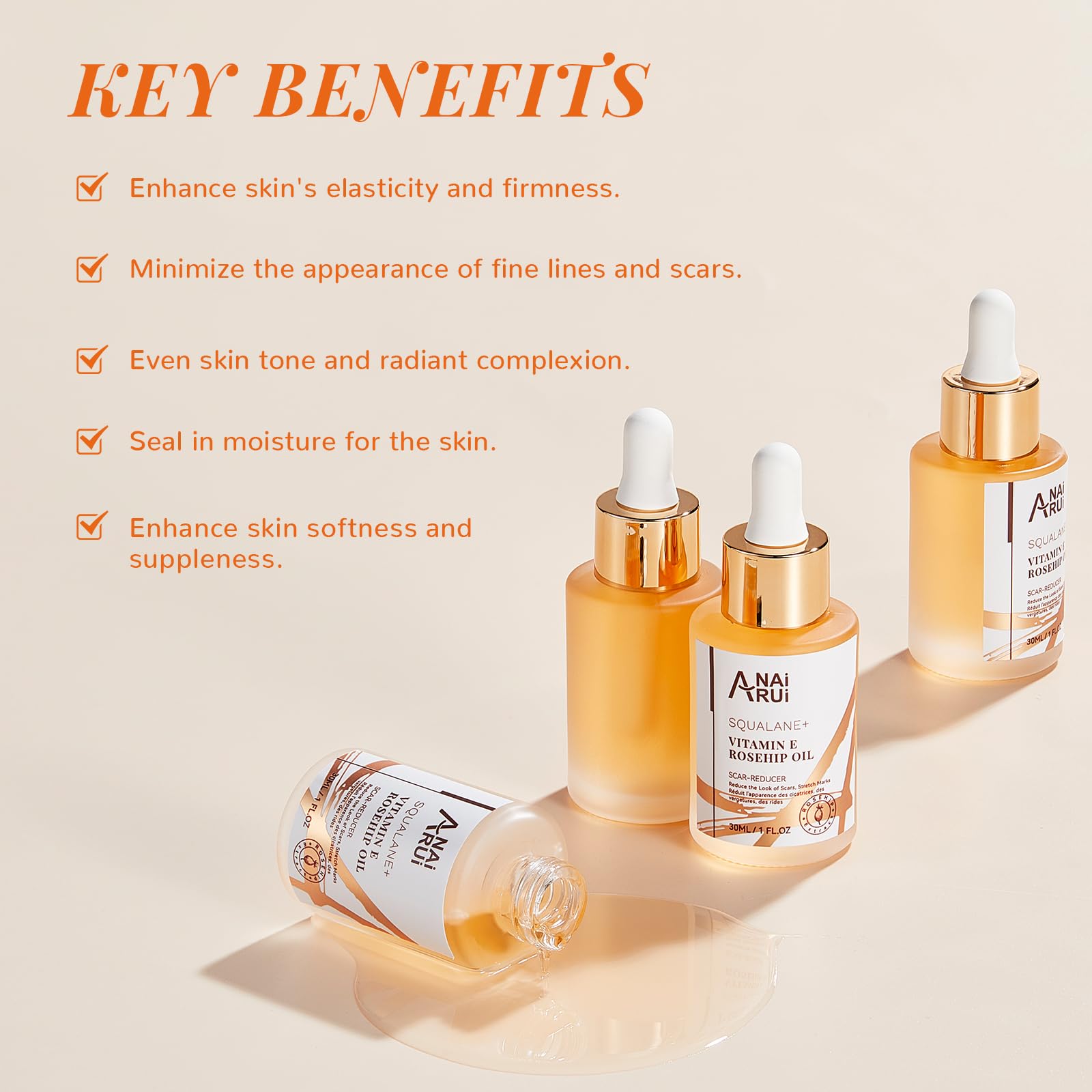 ANAI RUI Squalane Vitamin E Rosehip Oil texture close-up reveals silky finish.