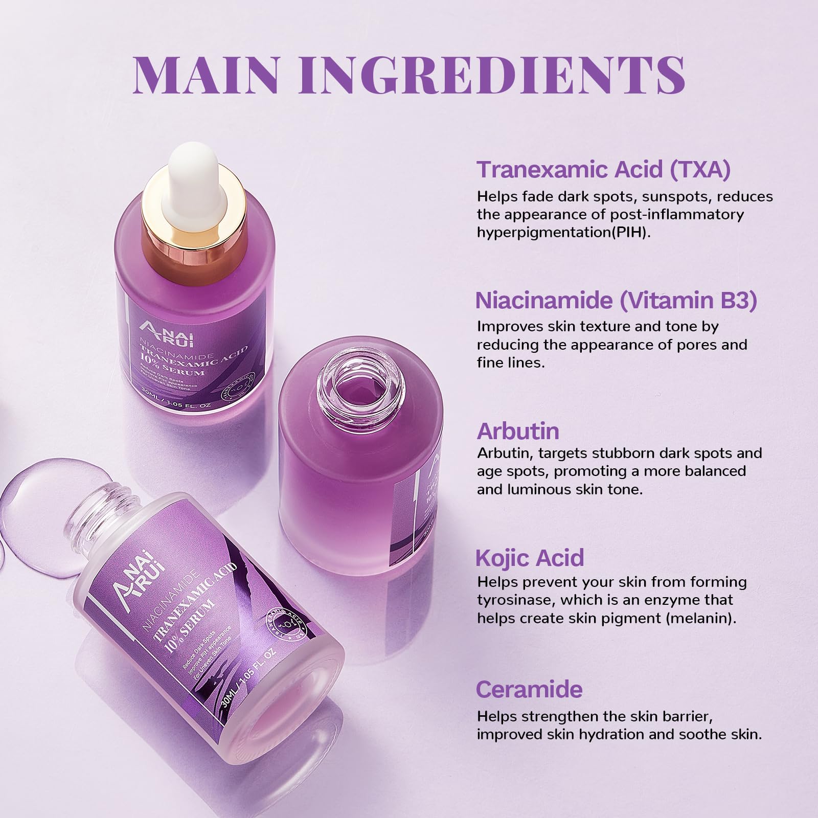 ANAI RUI Tranexamic Acid Serum bottle on counter with clear ingredients for complexion care