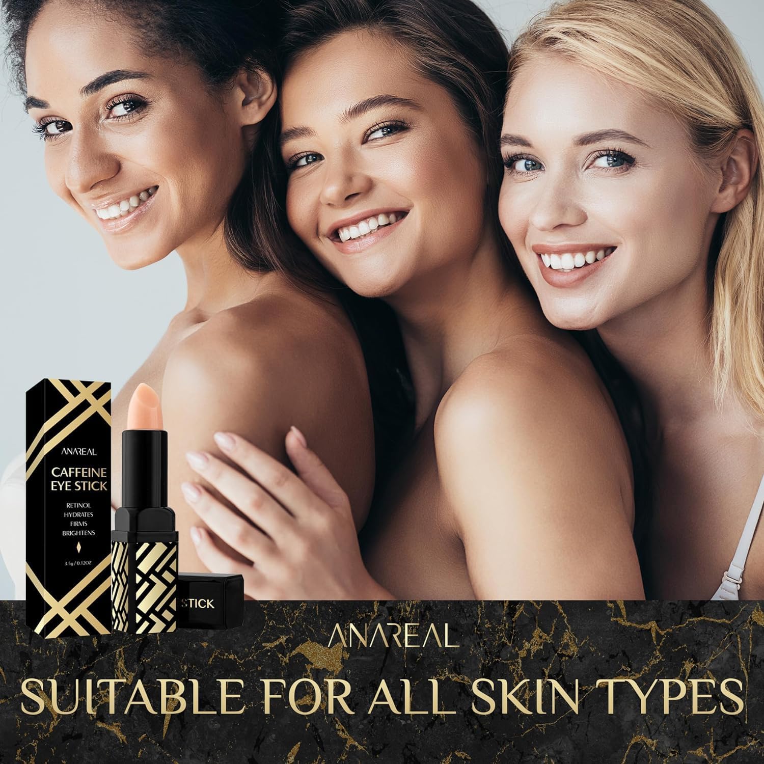 ANAREAL caffeine under eye balm packaging display invites quick refresh
