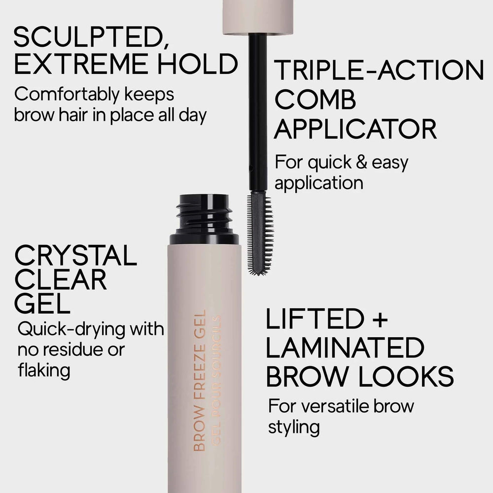 Brow Freeze Gel swatch on skin with clear, flexible hold.