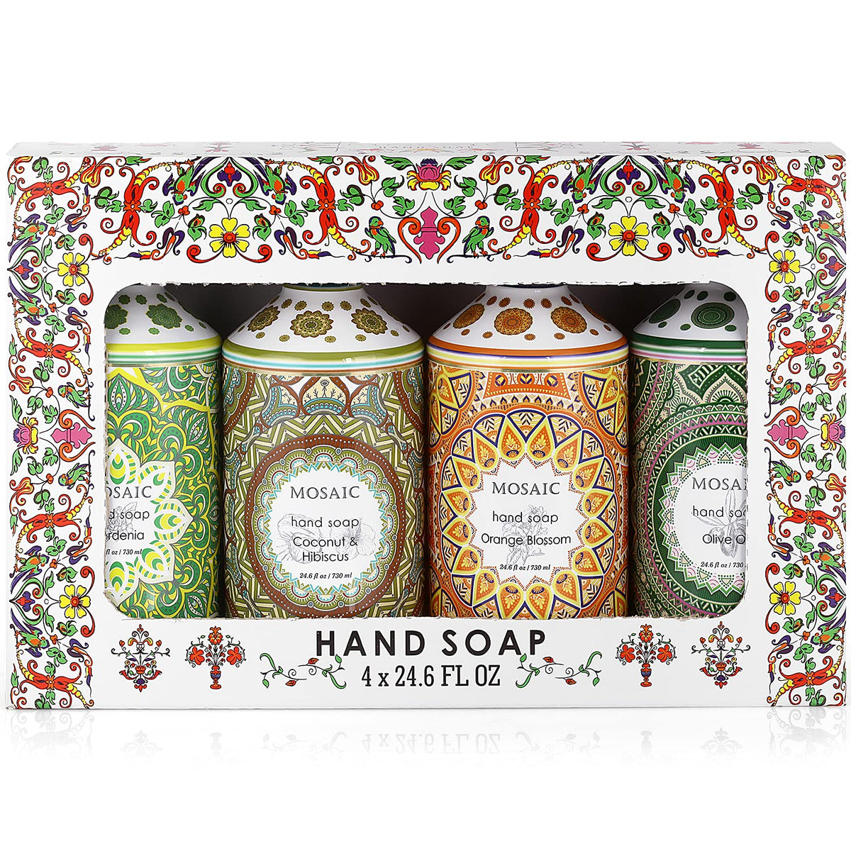 AnatoliaDaphne Mosaic hand soap set front view shows four scents for daily cleansing.