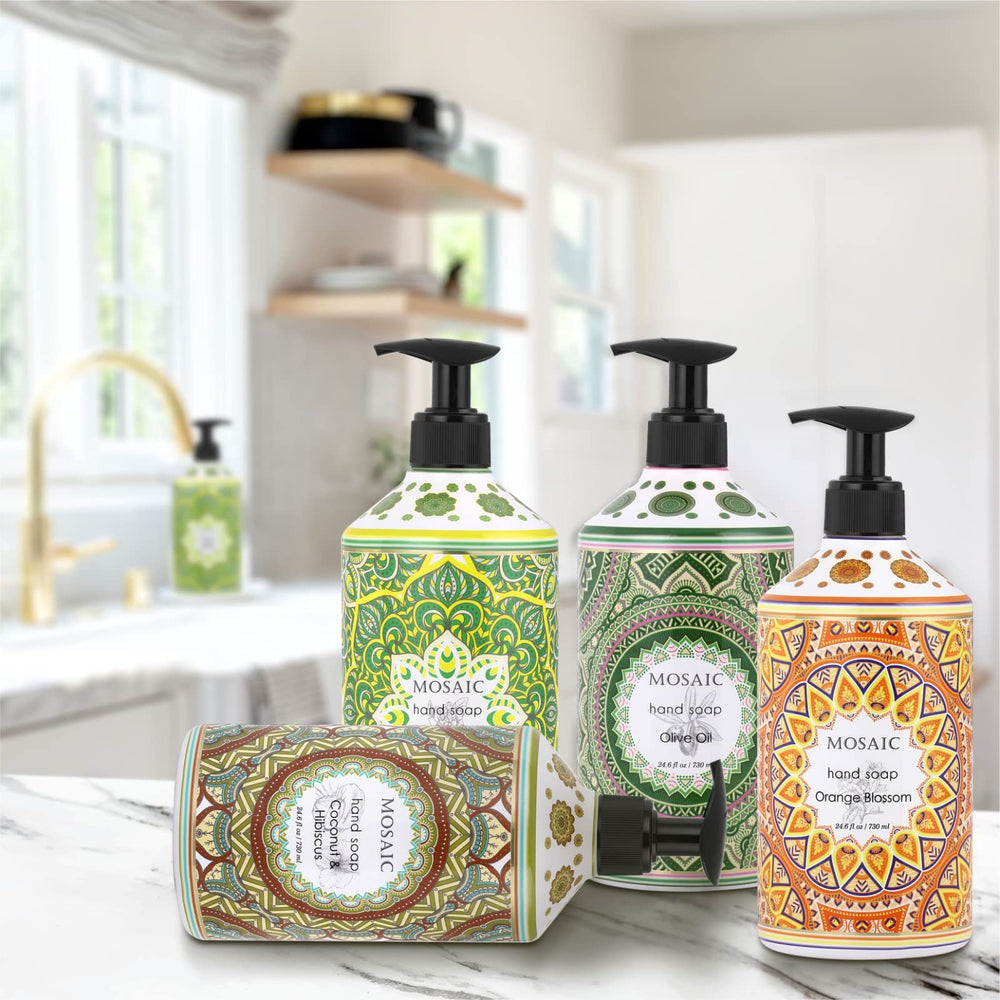AnatoliaDaphne Mosaic hand soap set displayed in a modern bathroom.