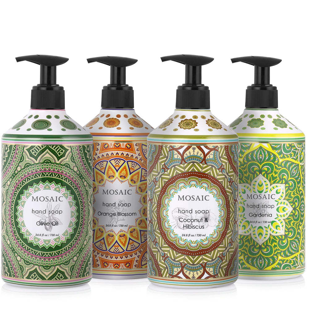 AnatoliaDaphne Mosaic olive oil bottle detail highlights moisturizing formula for kitchen use.