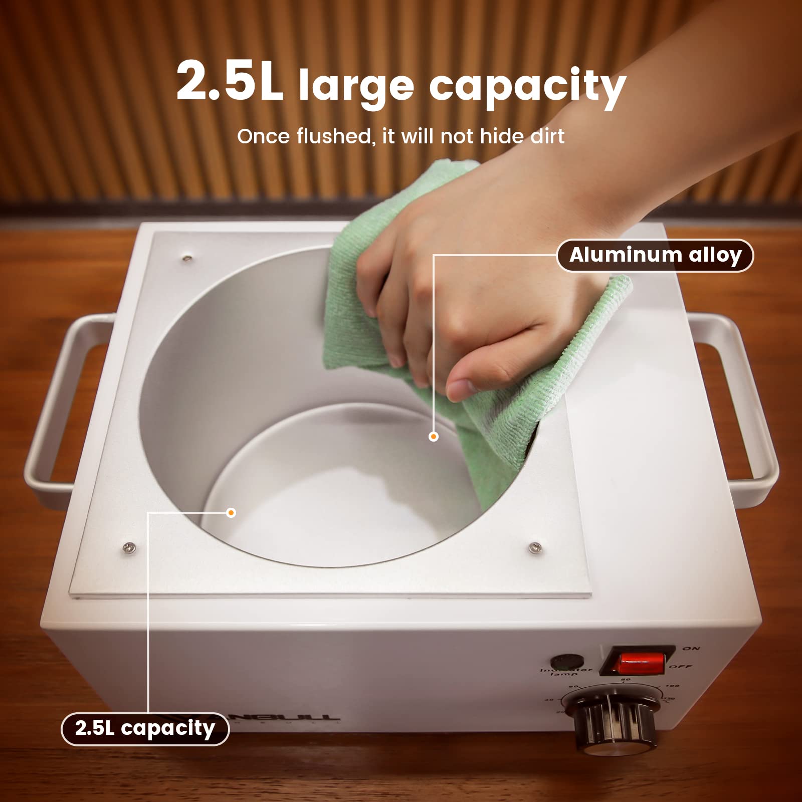 Anbull wax warmer safety features: on/off switch, indicator light, non-slip feet.