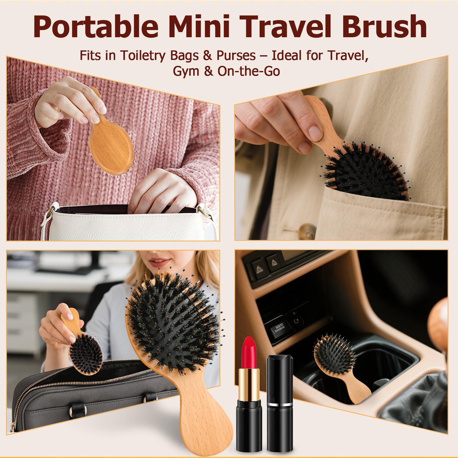 Ancable travel brush tucked in purse for quick on-the-go touch-ups.