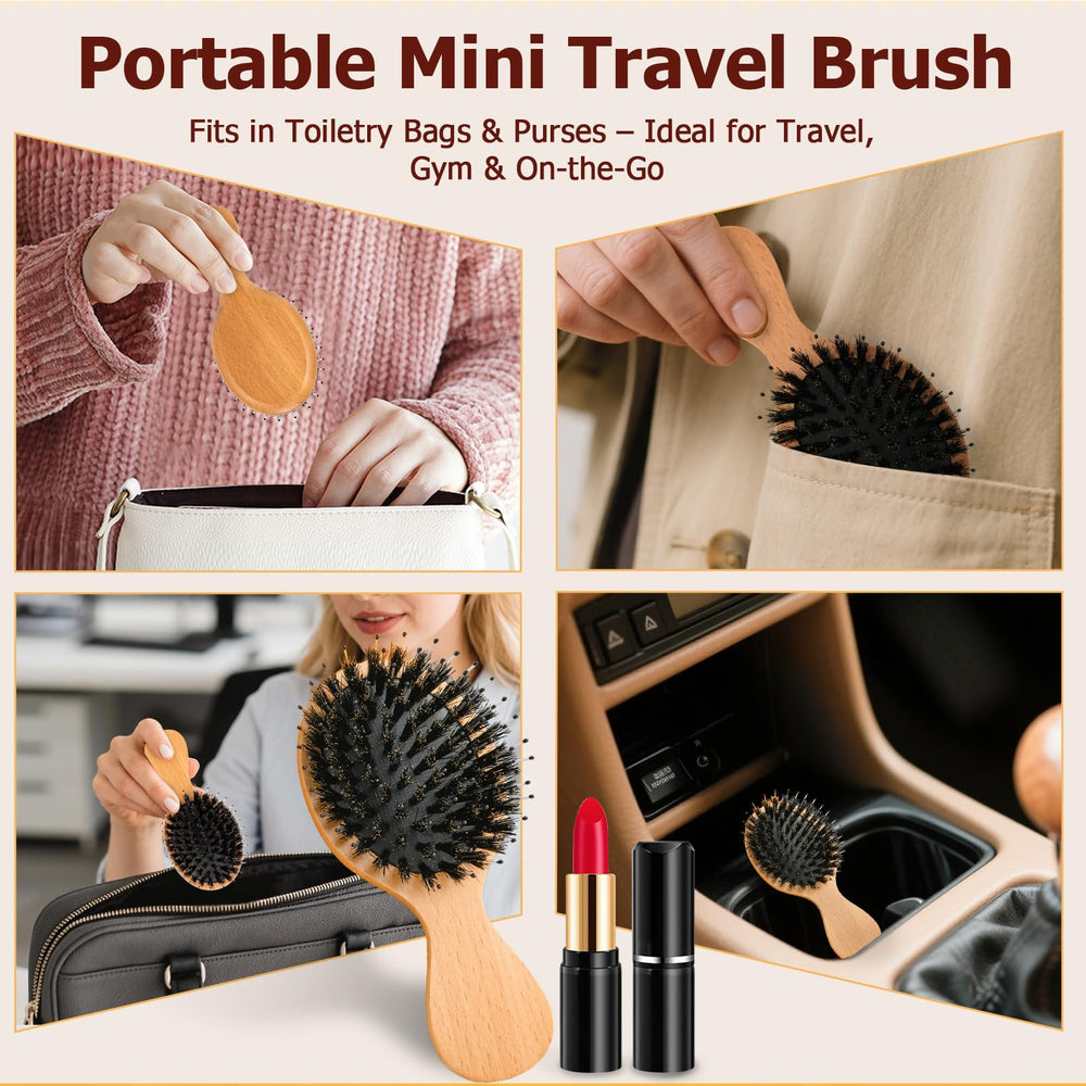 Ancable travel brush tucked in purse for quick on-the-go touch-ups.