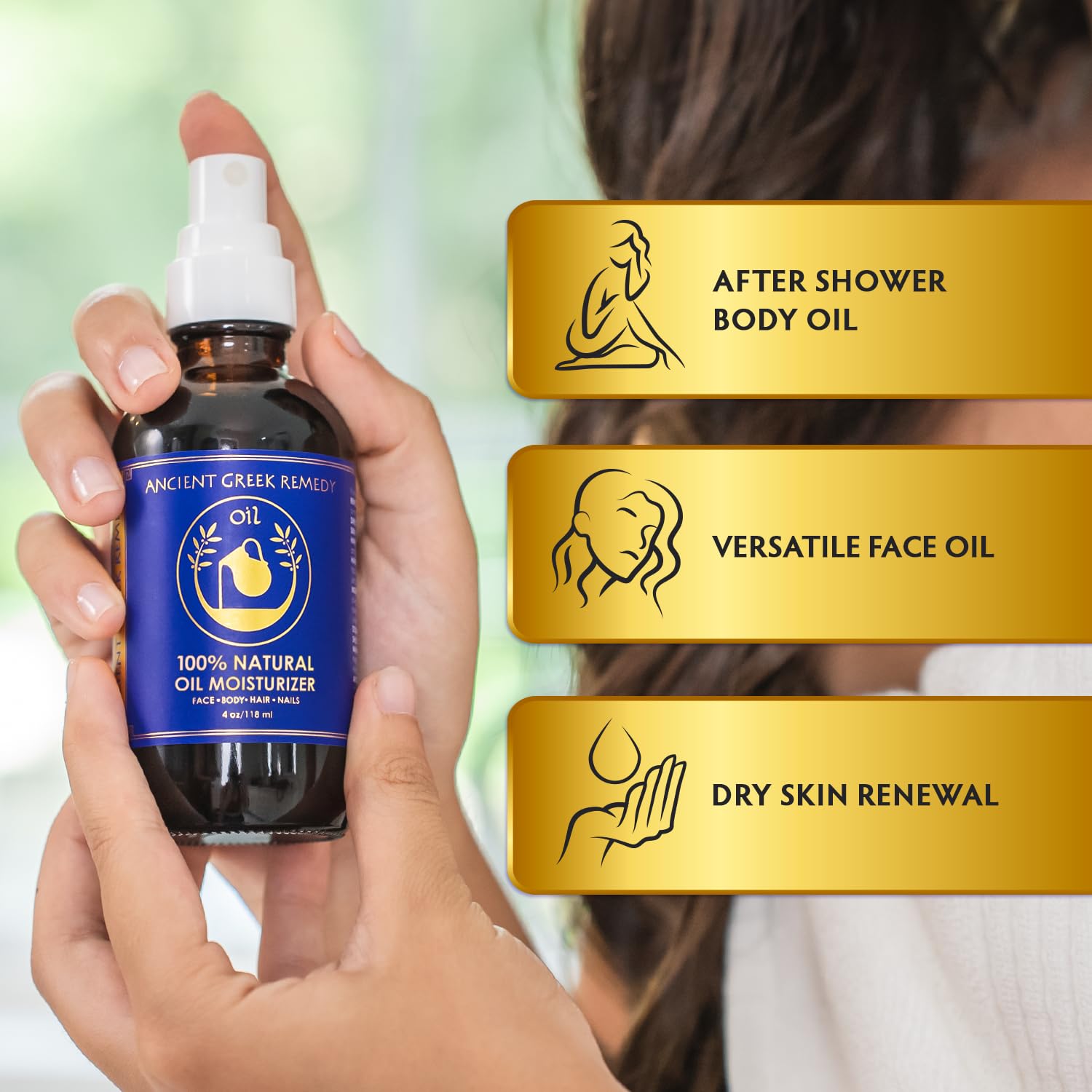 Ancient Greek Remedy face oil application showing silky texture for glow and makeup base