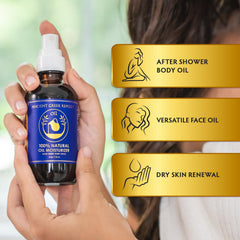 Ancient Greek Remedy face oil application showing silky texture for glow and makeup base