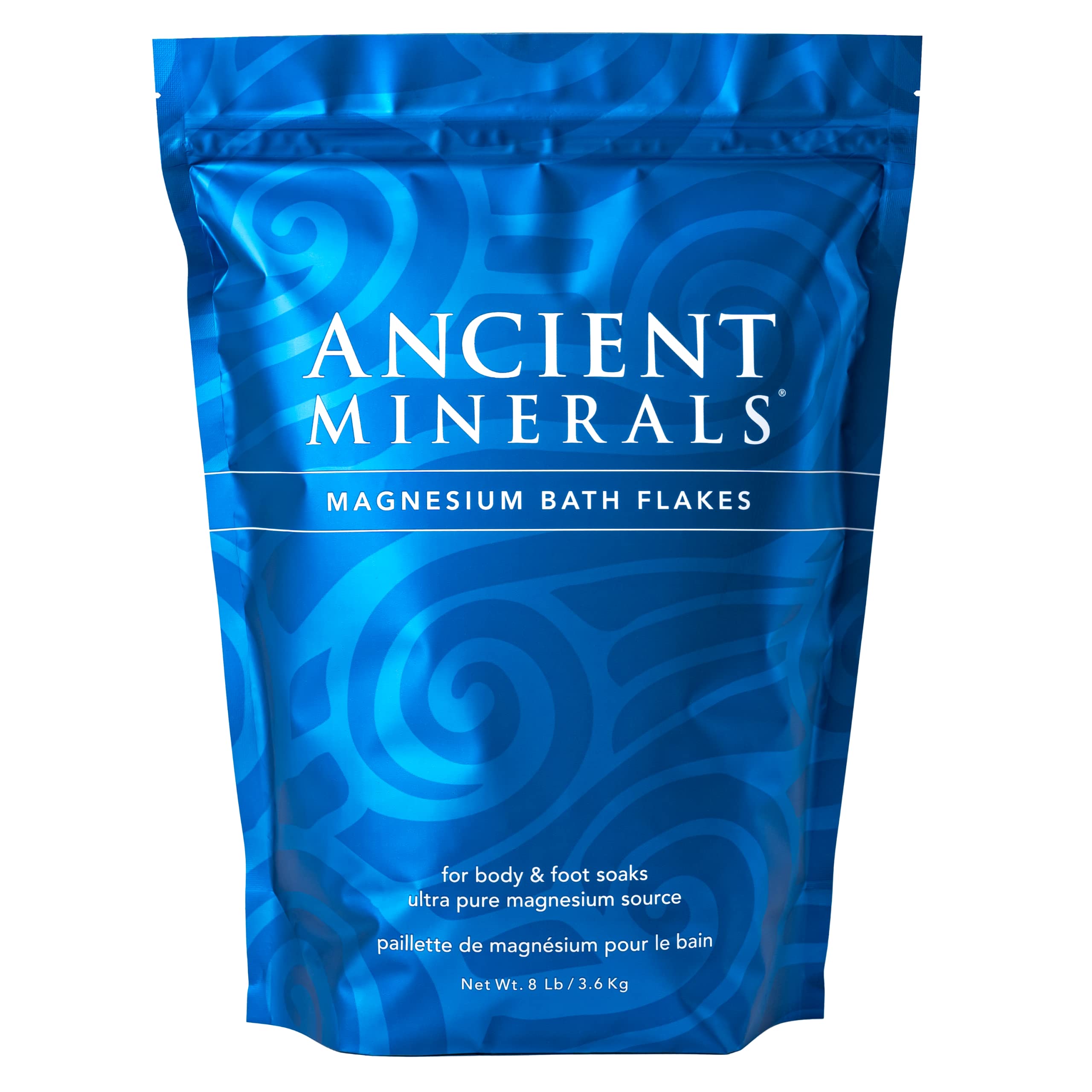 Ancient Minerals bath flakes bag packaging, highlighting Zechstein magnesium source for gentle body soaks.