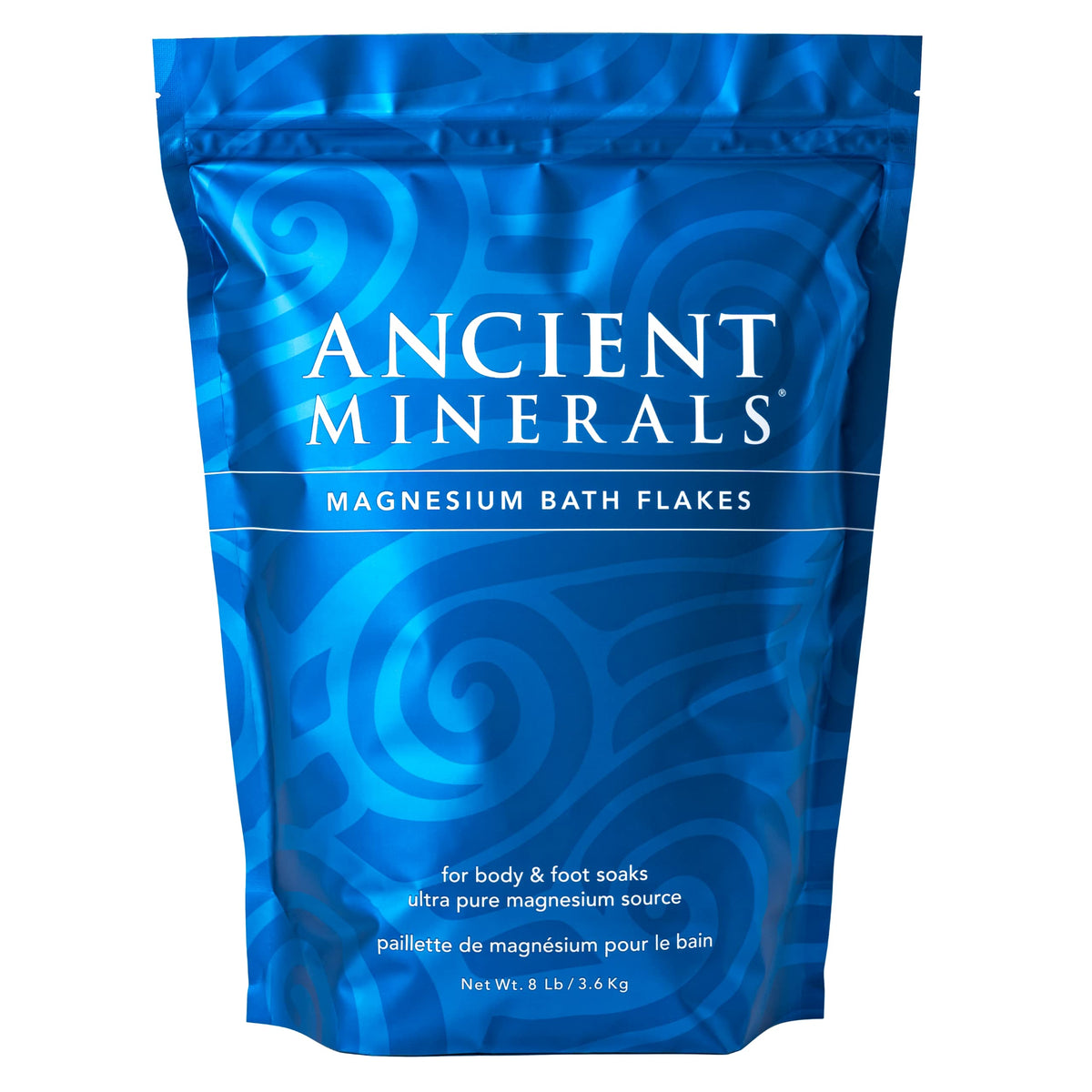Ancient Minerals bath flakes bag packaging, highlighting Zechstein magnesium source for gentle body soaks.