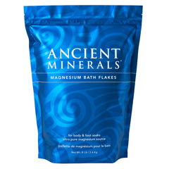 Ancient Minerals bath flakes bag packaging, highlighting Zechstein magnesium source for gentle body soaks.