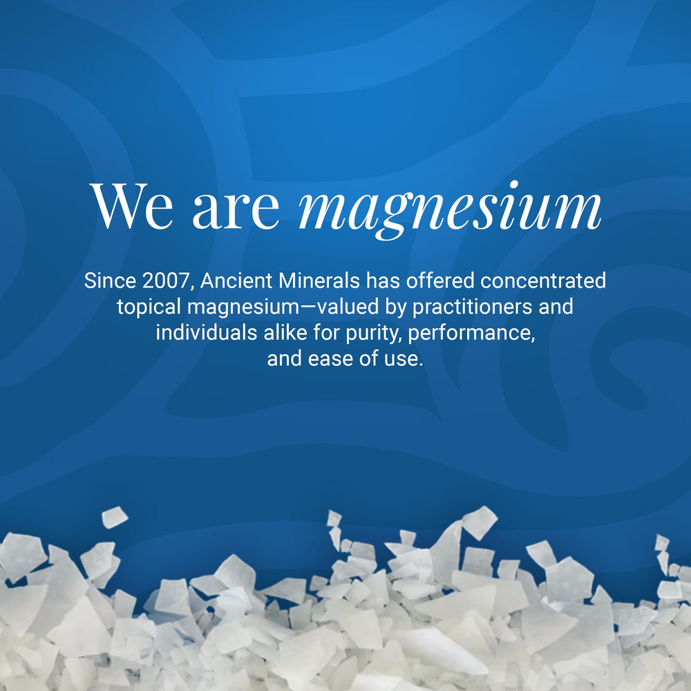 Ancient Minerals bath flakes pour image emphasizing easy-to-dissolve formula for bath or foot soak.