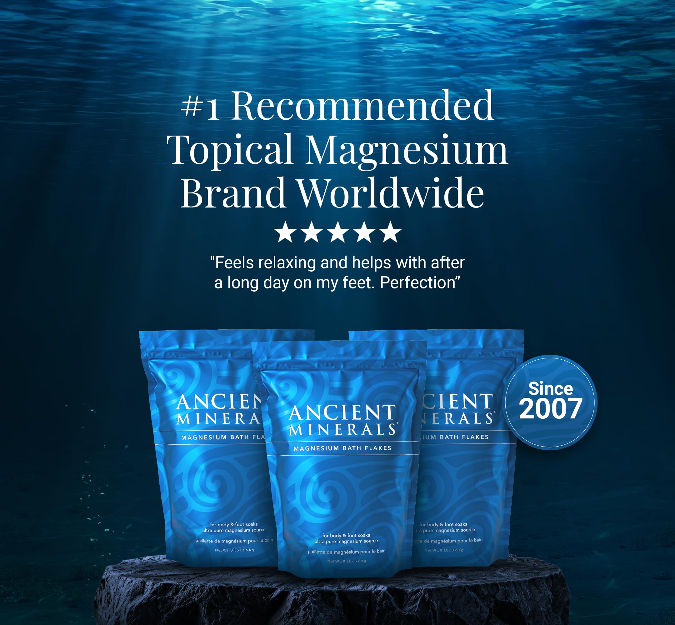 Ancient Minerals magnesium bath flakes soak illustrating potential for wellness.