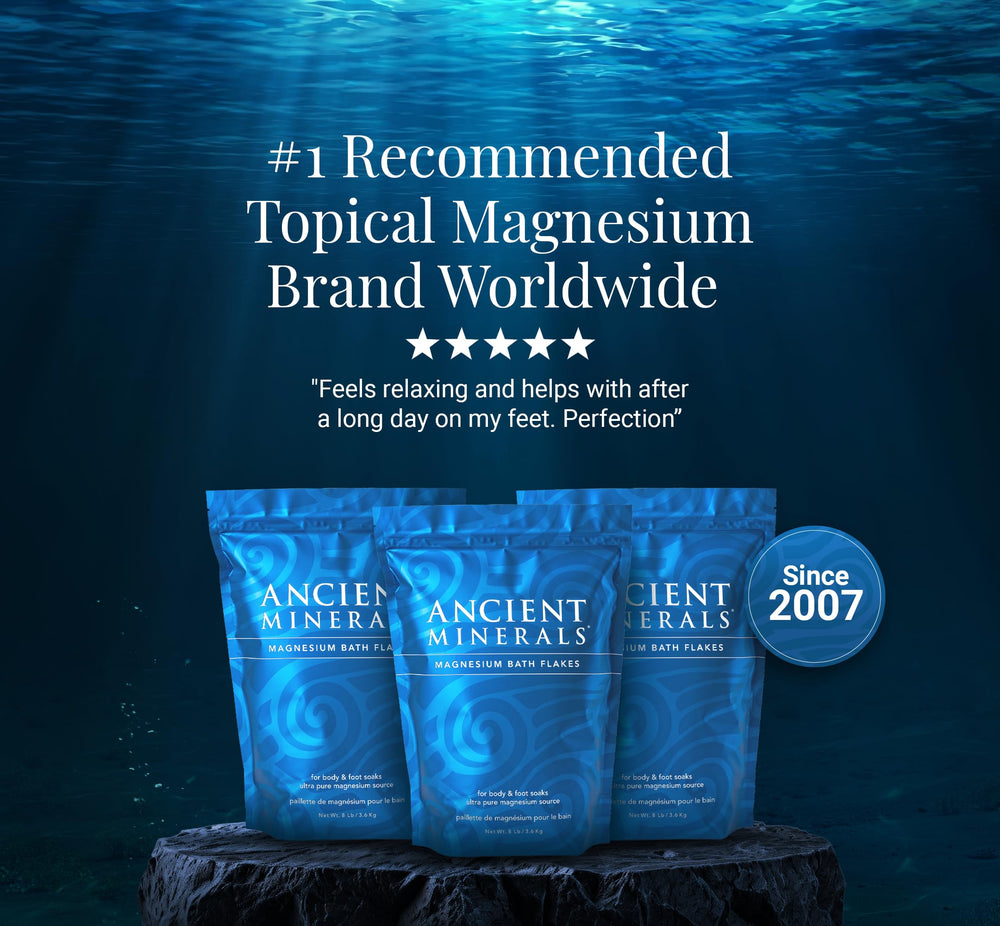 Ancient Minerals magnesium bath flakes soak illustrating potential for wellness.