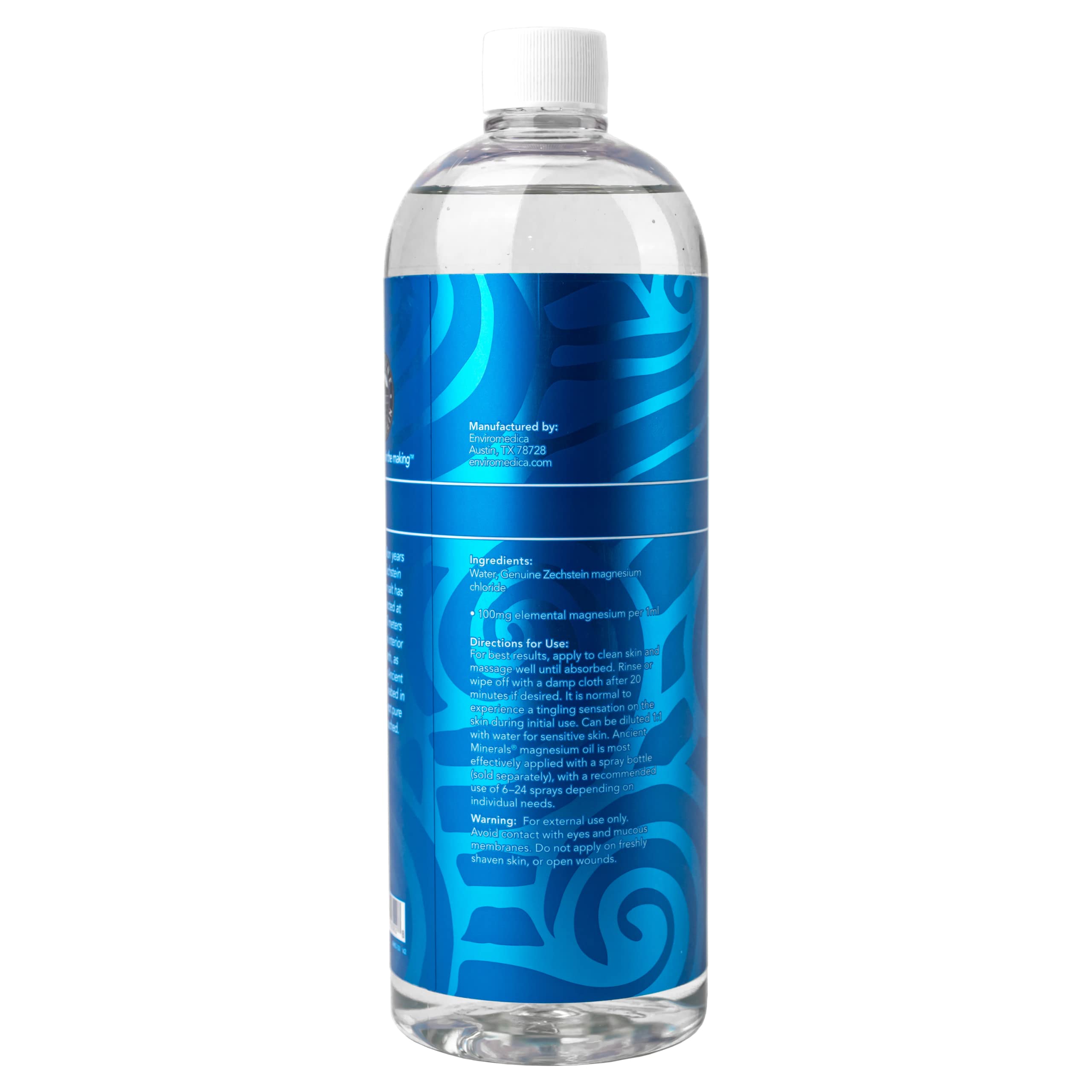 Ancient Minerals refill bottle ready-to-use scene shows 100mg magnesium per six sprays.
