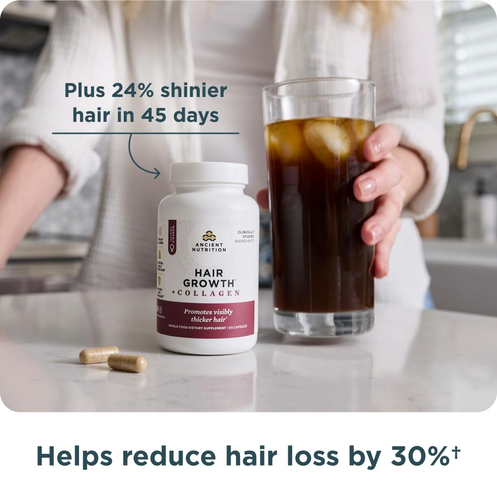 Ancient Nutrition Hair Growth glossy-hair result suggesting radiant fuller hair