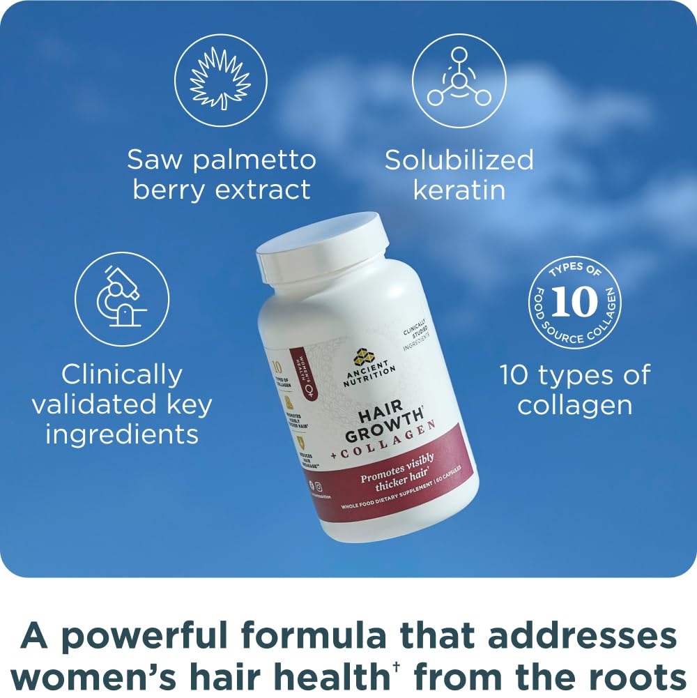 Ancient Nutrition Hair Growth superfoods layout with saw palmetto and botanicals for hair resilience