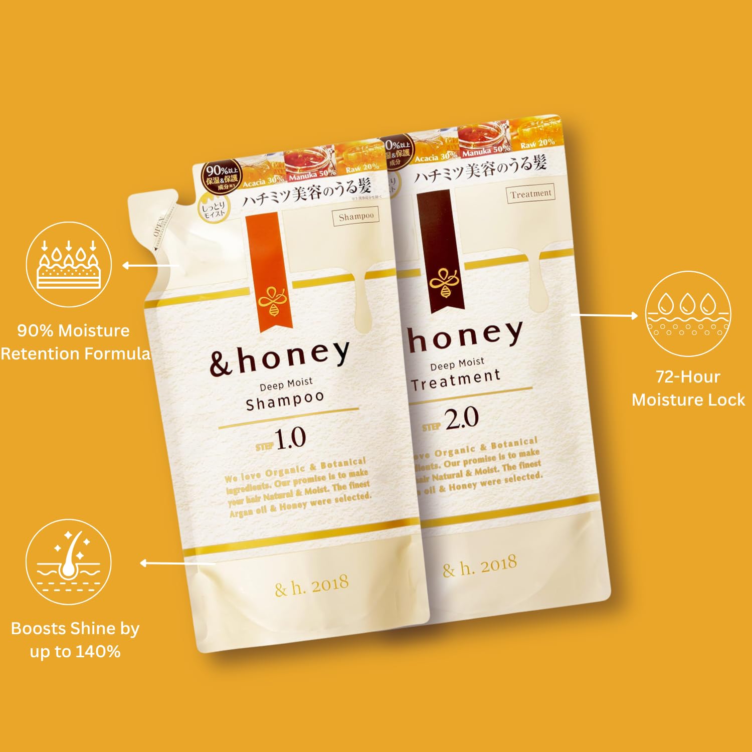 &-honey Deep Moist Conditioner bottle close-up showing detangling benefits for frizz control