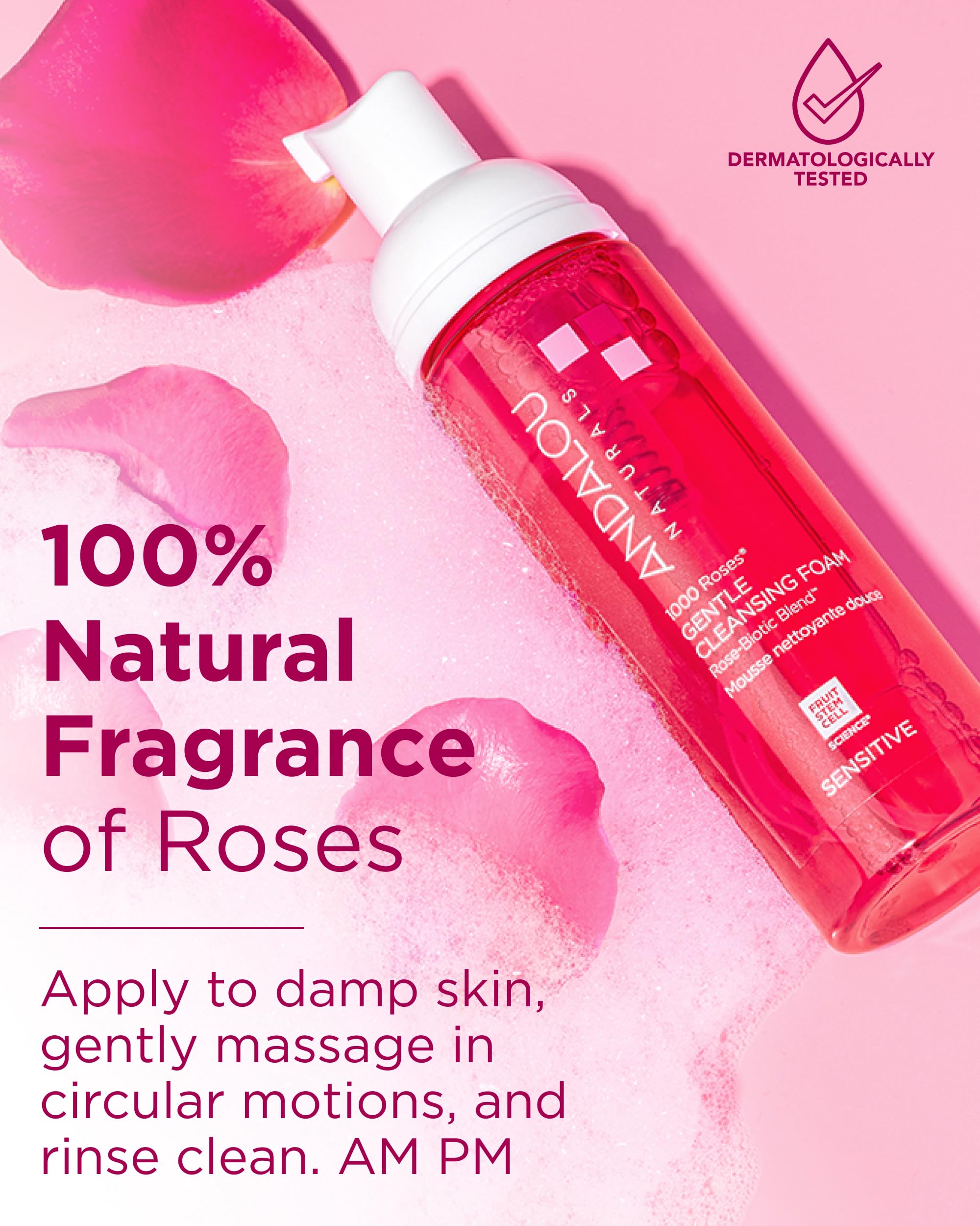 Andalou Naturals 1000 Roses Alpine rose stem cells support sensitive skin.