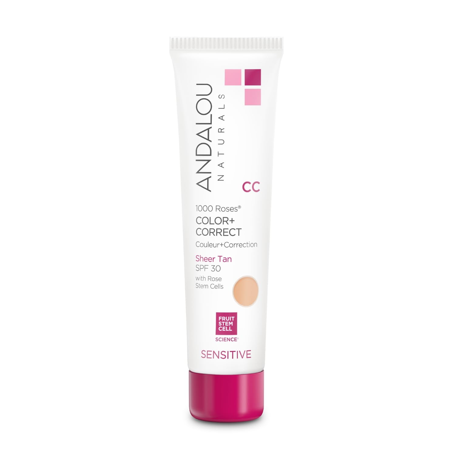 Andalou Naturals 1000 Roses CC Cream tube with sheer tint for an even glow.